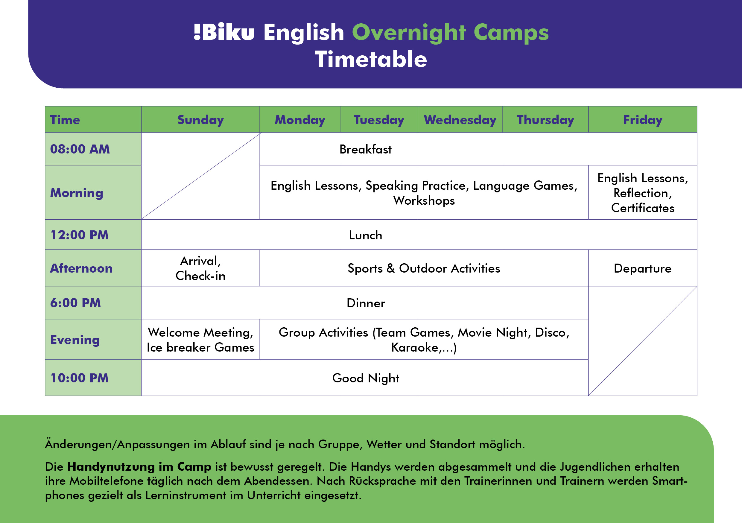 !Biku Overnight Camps Timetable